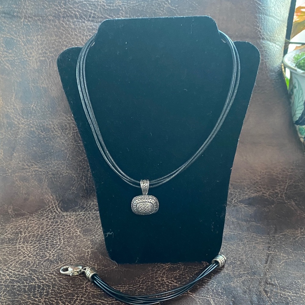 Black Leather Necklace and Bracelet Set with Silver Pendant